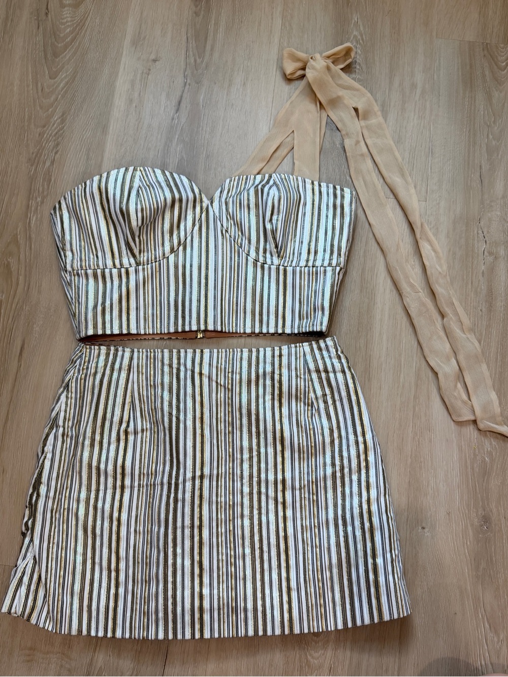 Swap & Strut Ivory and Gold Striped Bustier Crop Top with Matching Skirt